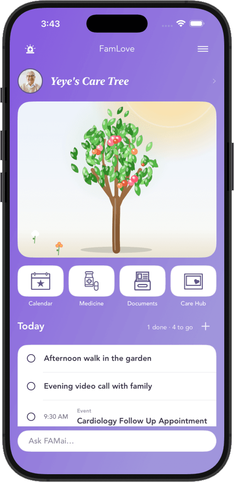 FamLove app dashboard showing caregiving timeline