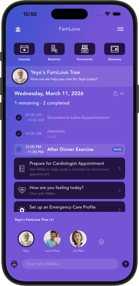 FamLove app dashboard showing caregiving timeline